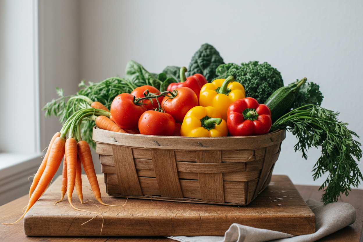 Mixed vegetable basket on cutting board with minimal setup
