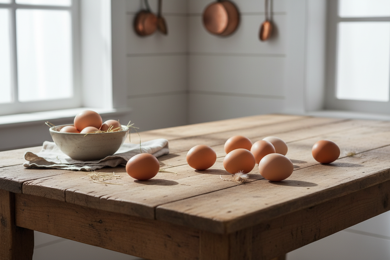 farm eggs, on simple farm table and minimal