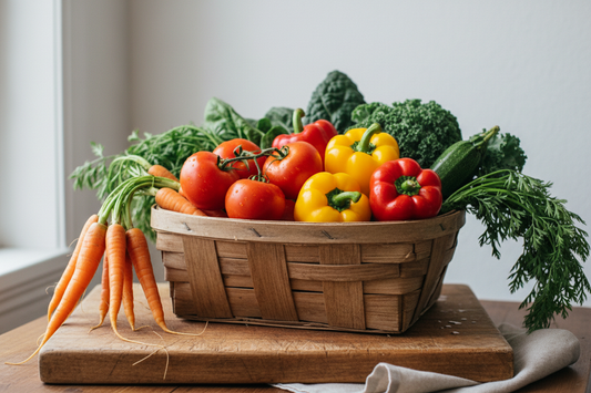 Mixed vegetable basket on cutting board with minimal setup